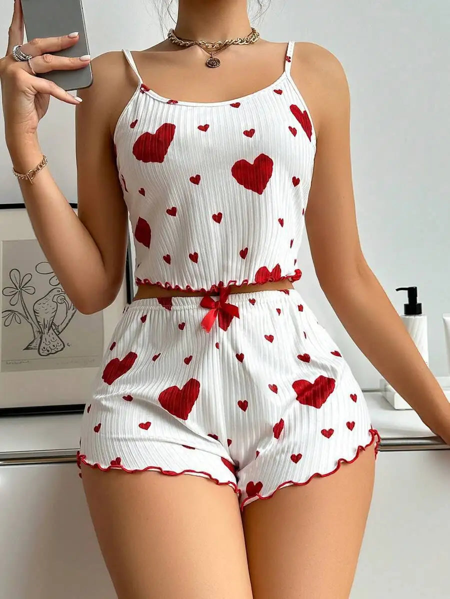 Sweet Dreams Heart Print Pajama Set: Soft, Sleeveless Crop Top & Shorts
