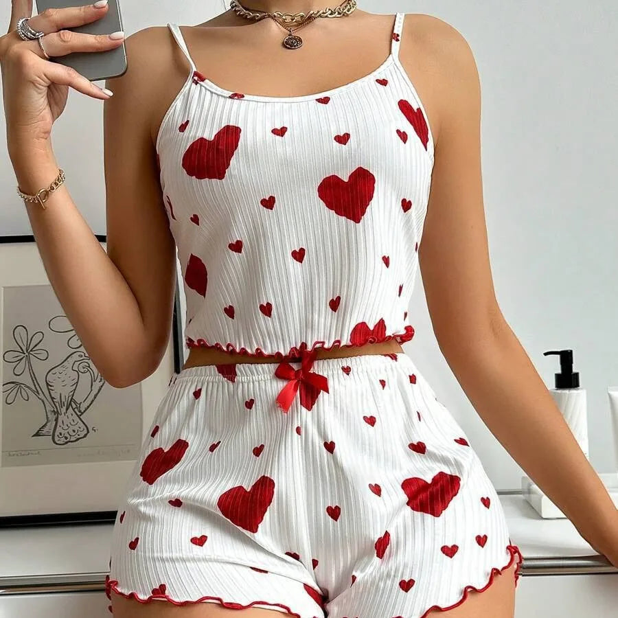 Sweet Dreams Heart Print Pajama Set: Soft, Sleeveless Crop Top & Shorts