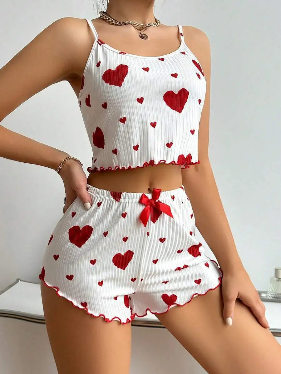 Sweet Dreams Heart Print Pajama Set: Soft, Sleeveless Crop Top & Shorts