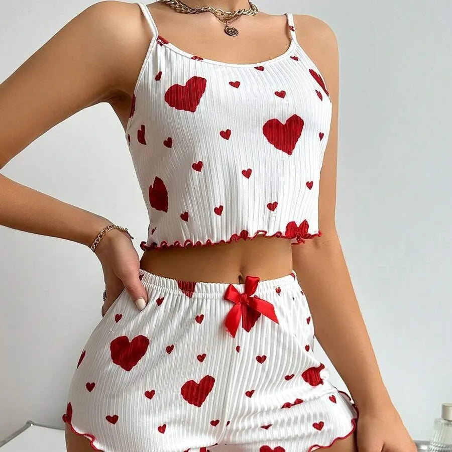 Sweet Dreams Heart Print Pajama Set: Soft, Sleeveless Crop Top & Shorts