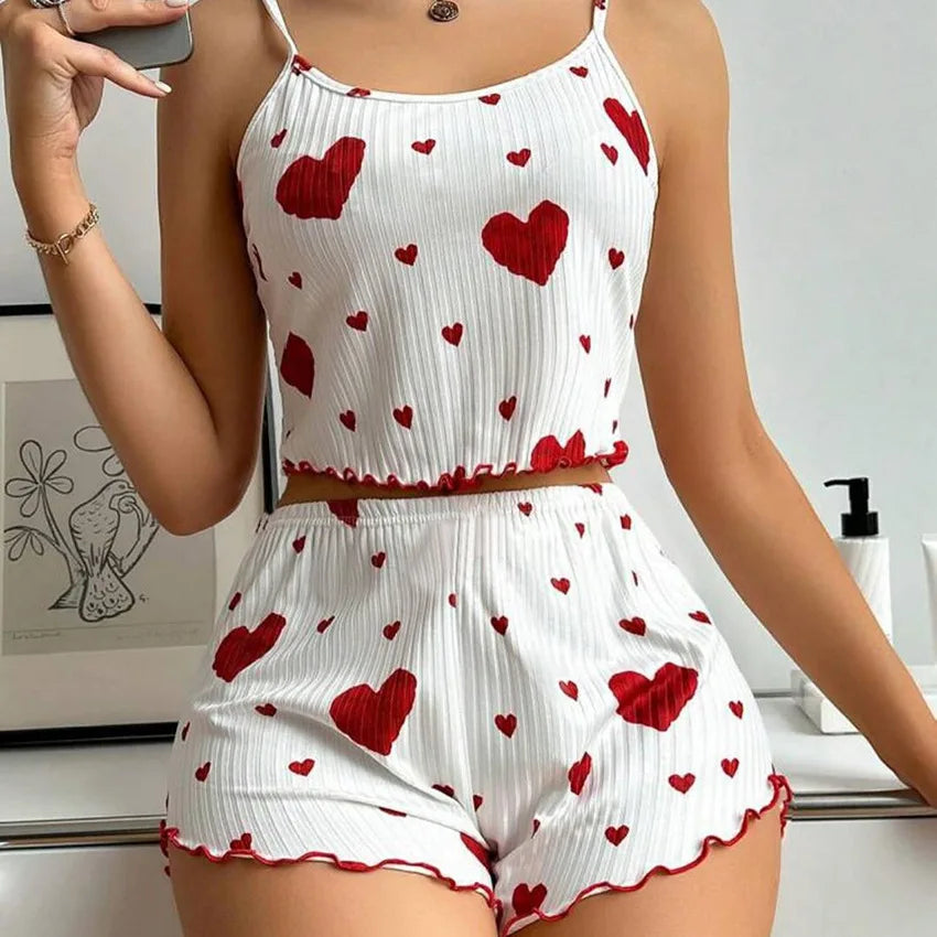 Sweet Dreams Heart Print Pajama Set: Soft, Sleeveless Crop Top & Shorts