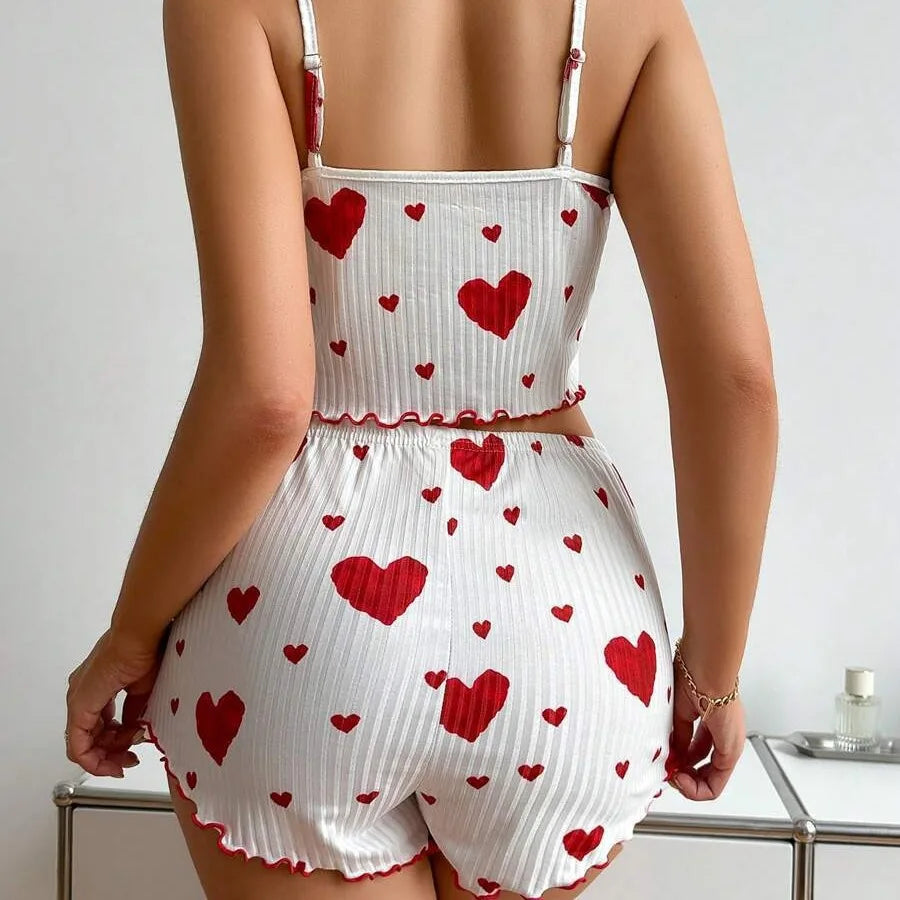 Sweet Dreams Heart Print Pajama Set: Soft, Sleeveless Crop Top & Shorts