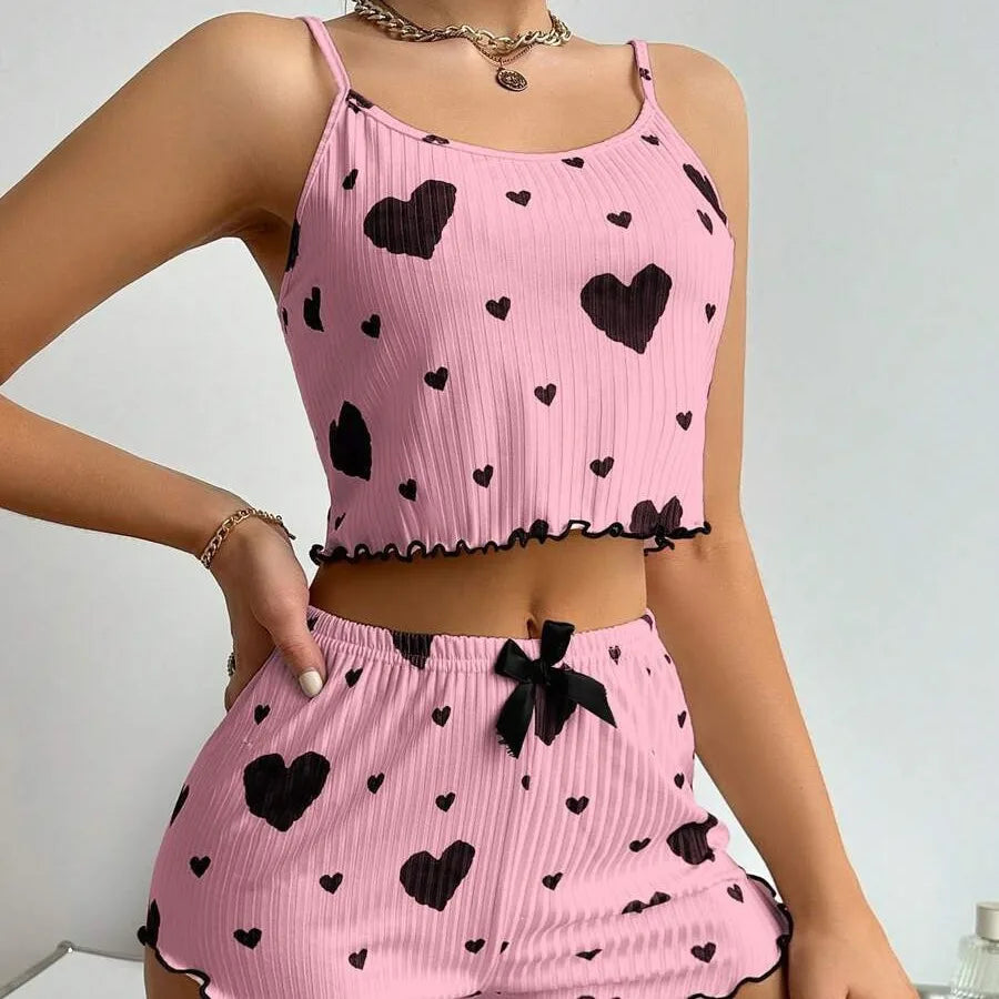 Sweet Dreams Heart Print Pajama Set: Soft, Sleeveless Crop Top & Shorts