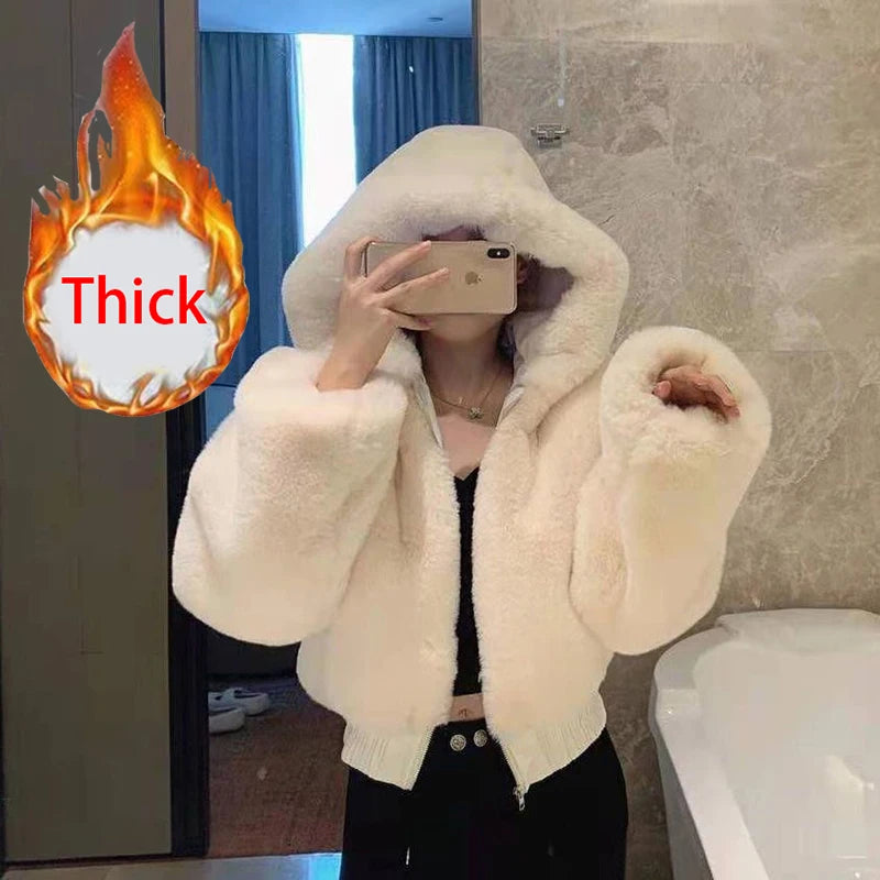 Y2K Fluffy Crop Coat: Hooded Faux Rabbit Fur Parka (Thick & Elegant)
