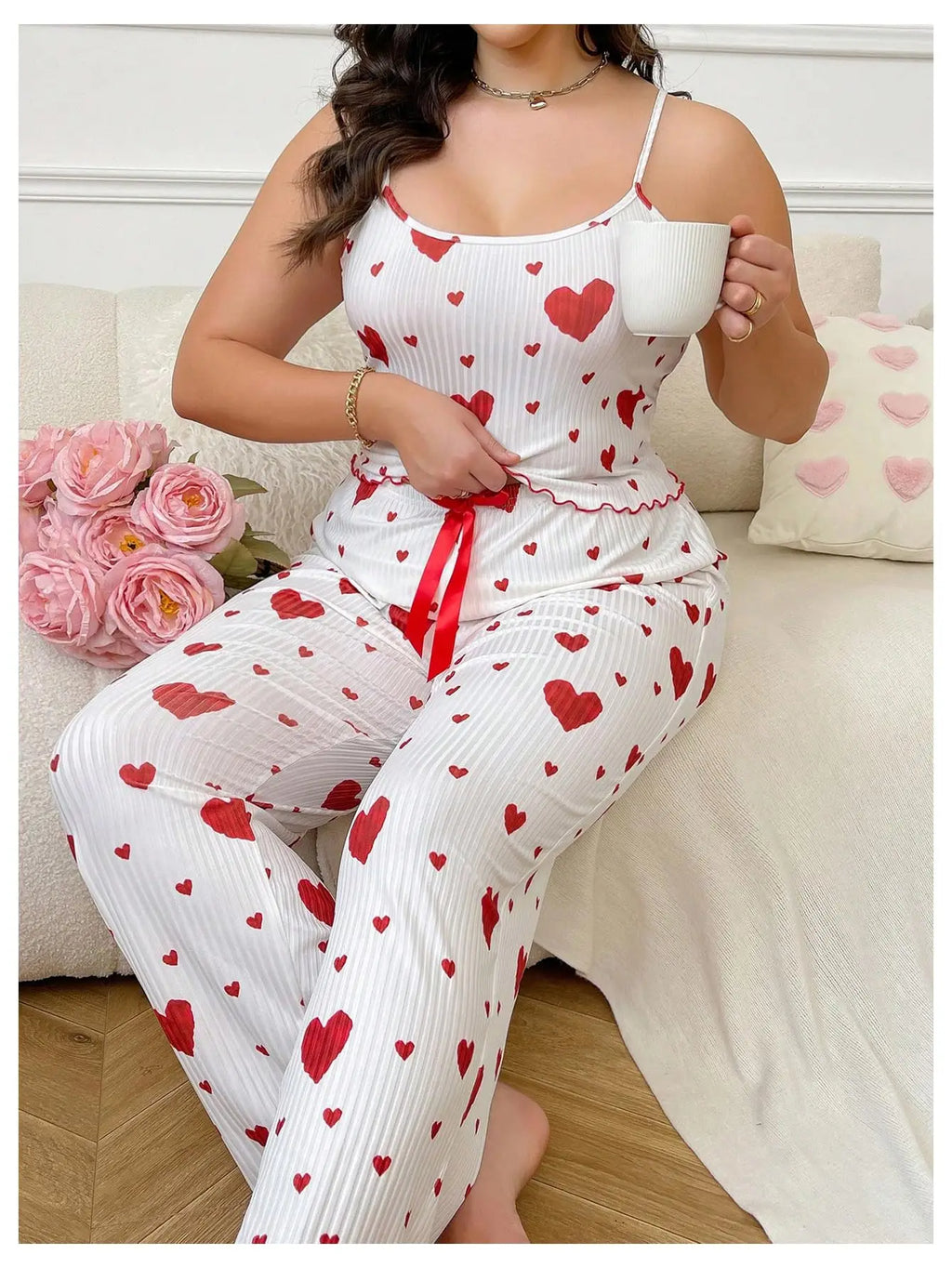 Plus Size Sweet Heart Pajama Set: Soft, Breathable Vest & Trousers