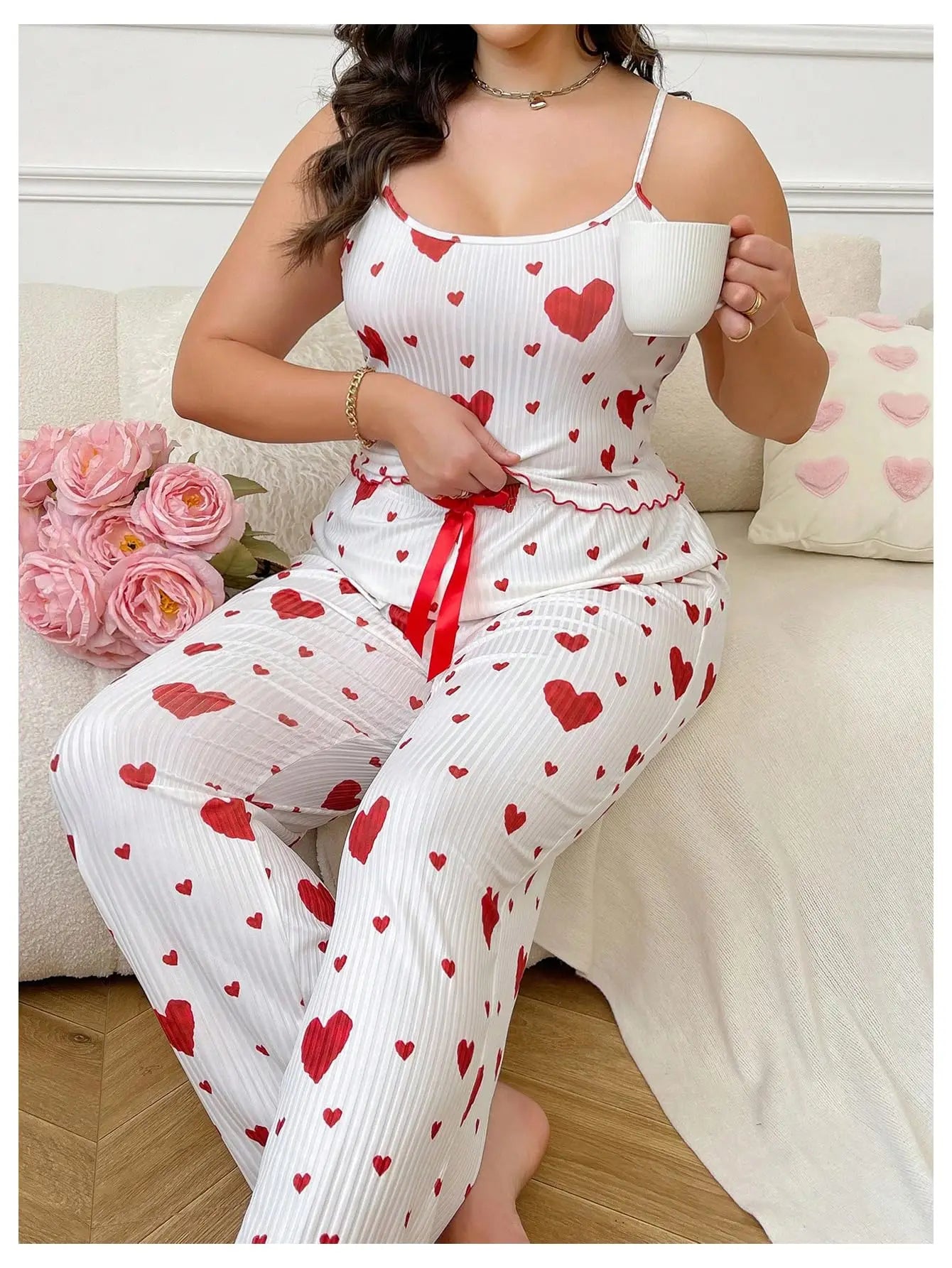 Plus Size Sweet Heart Pajama Set: Soft, Breathable Vest & Trousers
