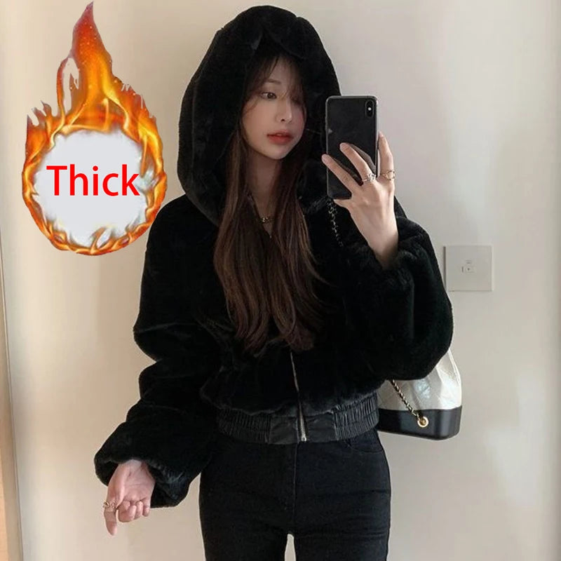 Y2K Fluffy Crop Coat: Hooded Faux Rabbit Fur Parka (Thick & Elegant)