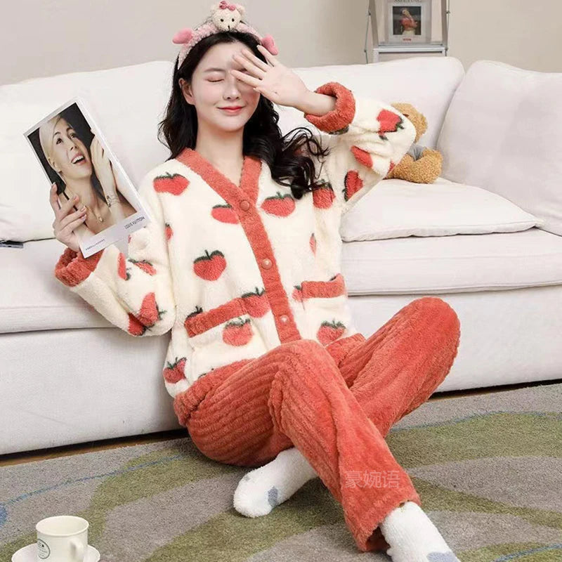 Plush Peach Winter Flannel Pajamas: Padded, Thickened Coral Velvet 2PC Set