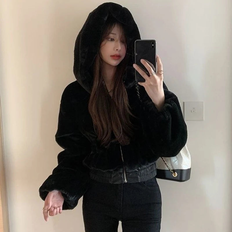 Y2K Fluffy Crop Coat: Hooded Faux Rabbit Fur Parka (Thick & Elegant)