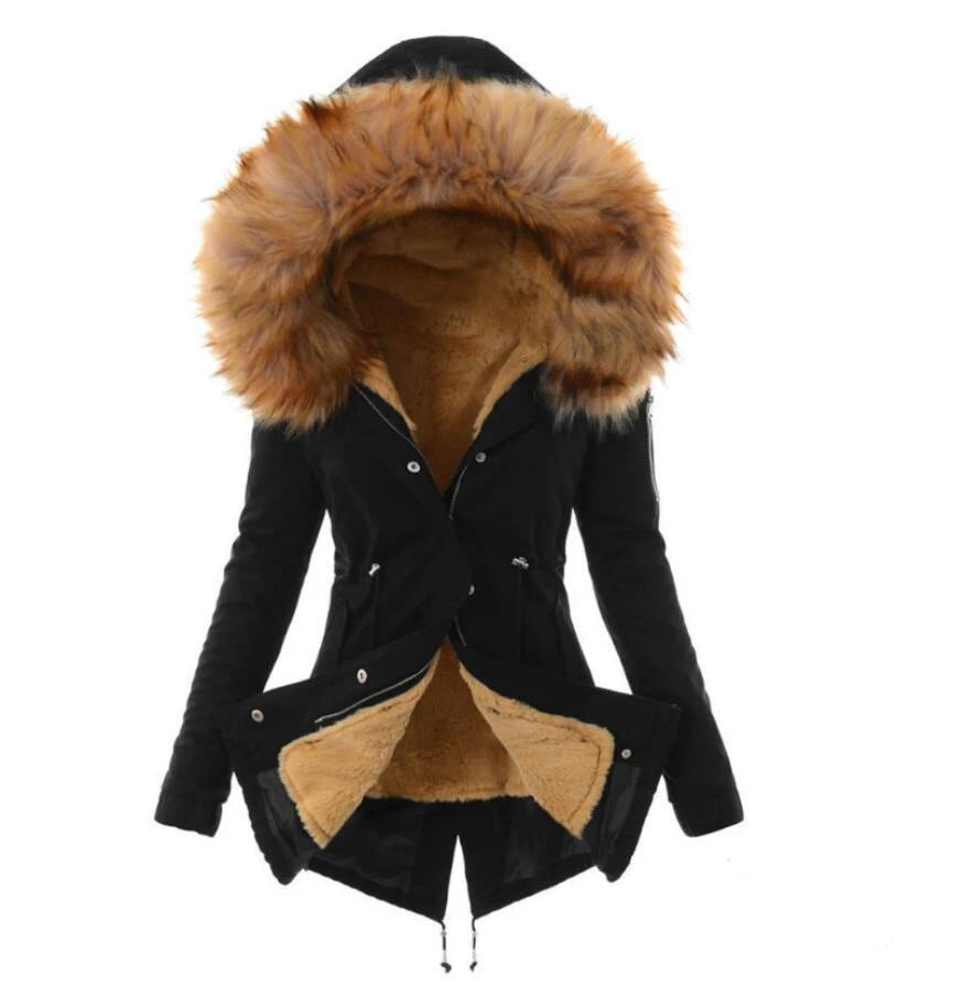 Elegant Slim Fit Winter Jacket: High Neck, Single Breasted, Faux Fur Hood (8 Colors)