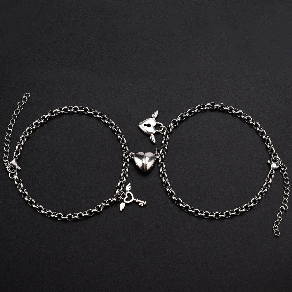 Stainless Steel Magnet Couple Bracelets: Heart Attraction Set