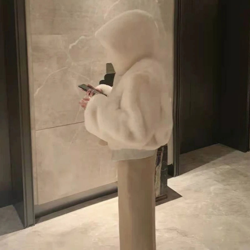 Y2K Fluffy Crop Coat: Hooded Faux Rabbit Fur Parka (Thick & Elegant)