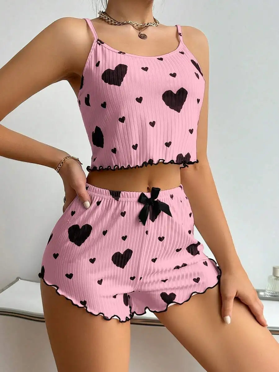 Sweet Dreams Heart Print Pajama Set: Soft, Sleeveless Crop Top & Shorts