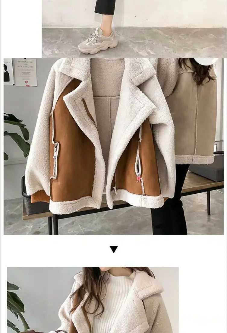 Shearling Moto Jacket: Women's Thickened Integrated Lamb Fur Coat (Pellet Texture)