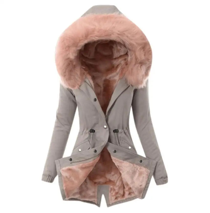 Elegant Slim Fit Winter Jacket: High Neck, Single Breasted, Faux Fur Hood (8 Colors)