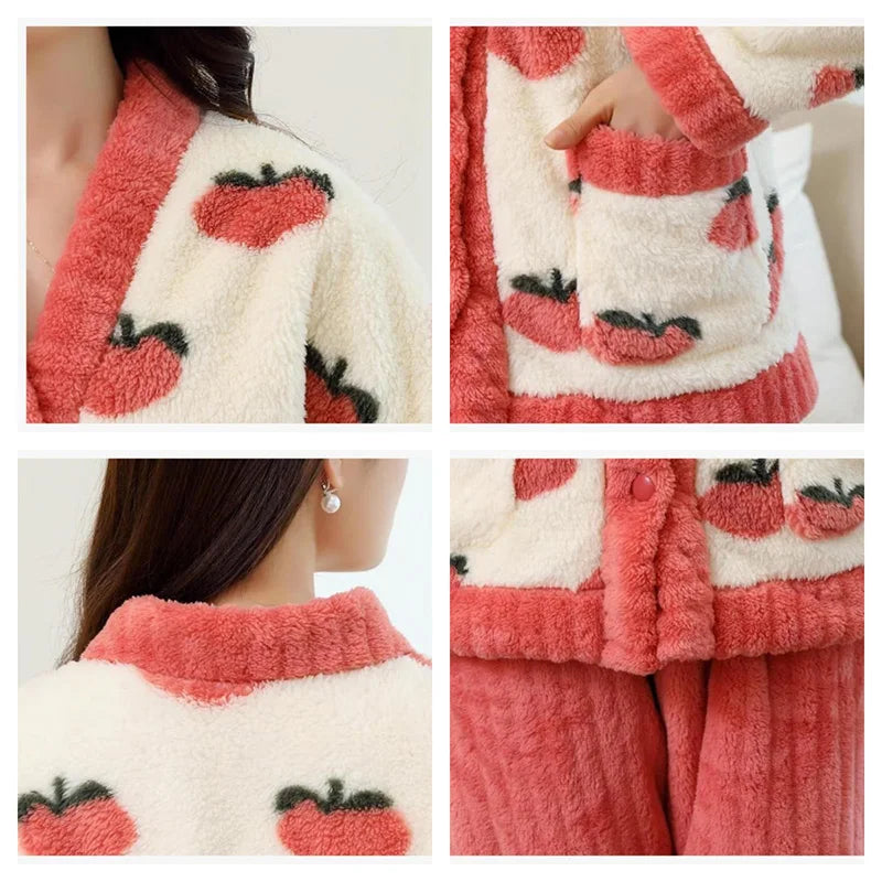 Plush Peach Winter Flannel Pajamas: Padded, Thickened Coral Velvet 2PC Set