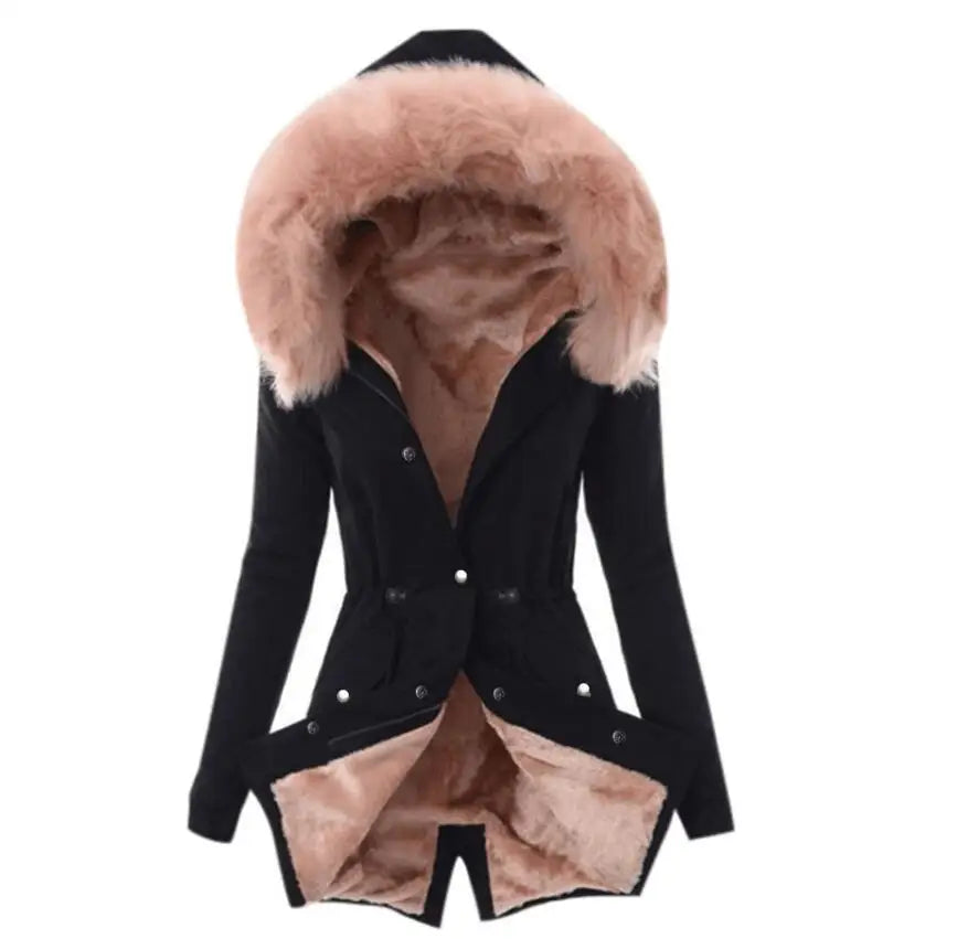 Elegant Slim Fit Winter Jacket: High Neck, Single Breasted, Faux Fur Hood (8 Colors)