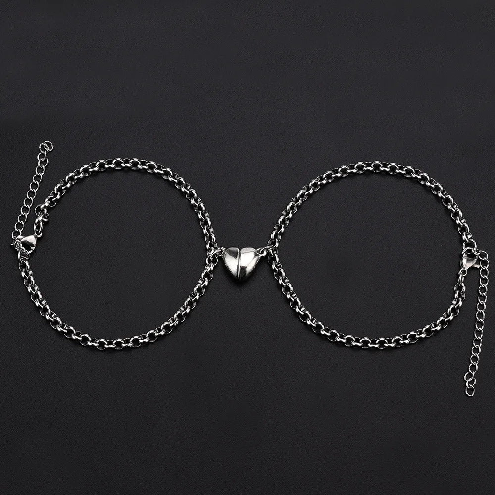 Stainless Steel Magnet Couple Bracelets: Heart Attraction Set