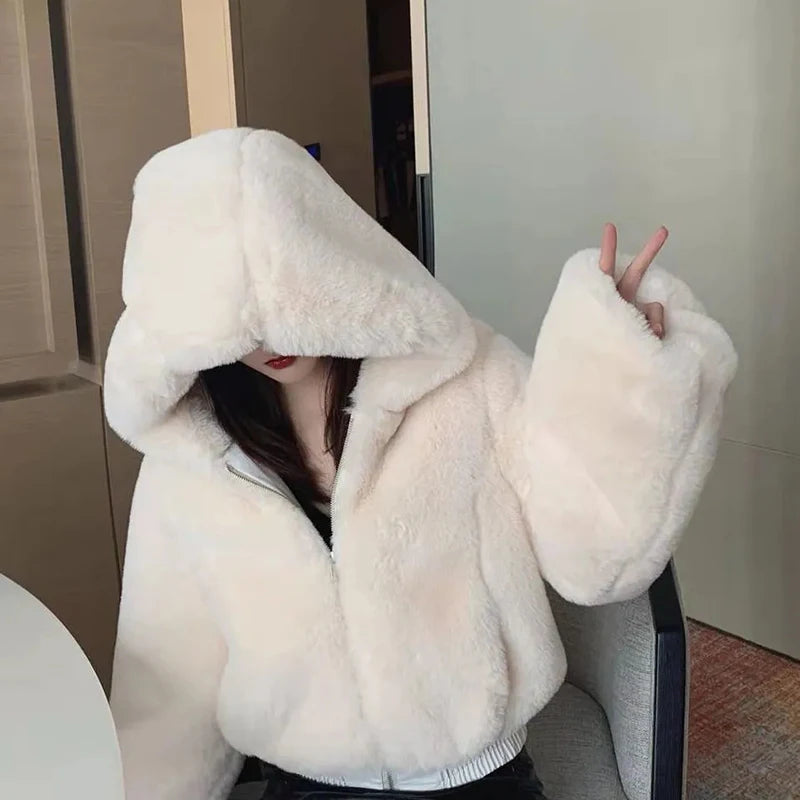 Y2K Fluffy Crop Coat: Hooded Faux Rabbit Fur Parka (Thick & Elegant)
