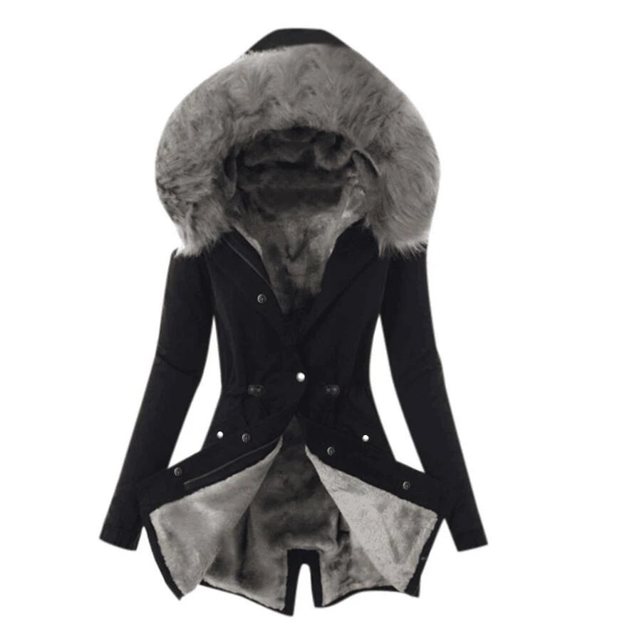 Elegant Slim Fit Winter Jacket: High Neck, Single Breasted, Faux Fur Hood (8 Colors)