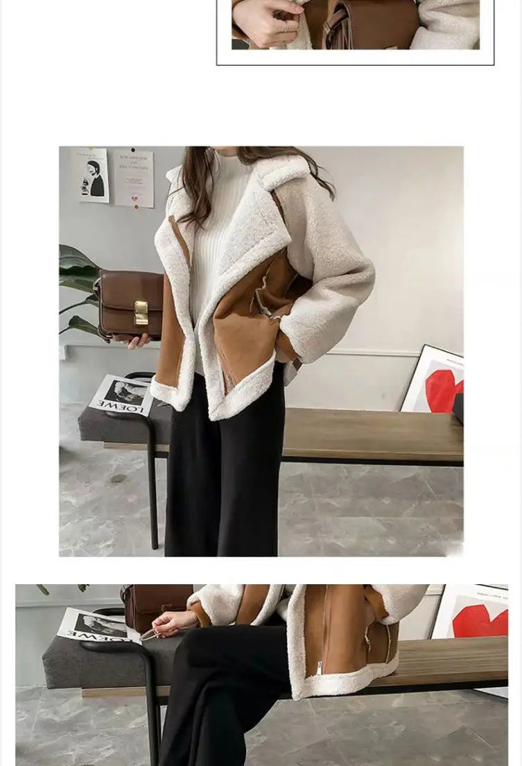 Shearling Moto Jacket: Women's Thickened Integrated Lamb Fur Coat (Pellet Texture)