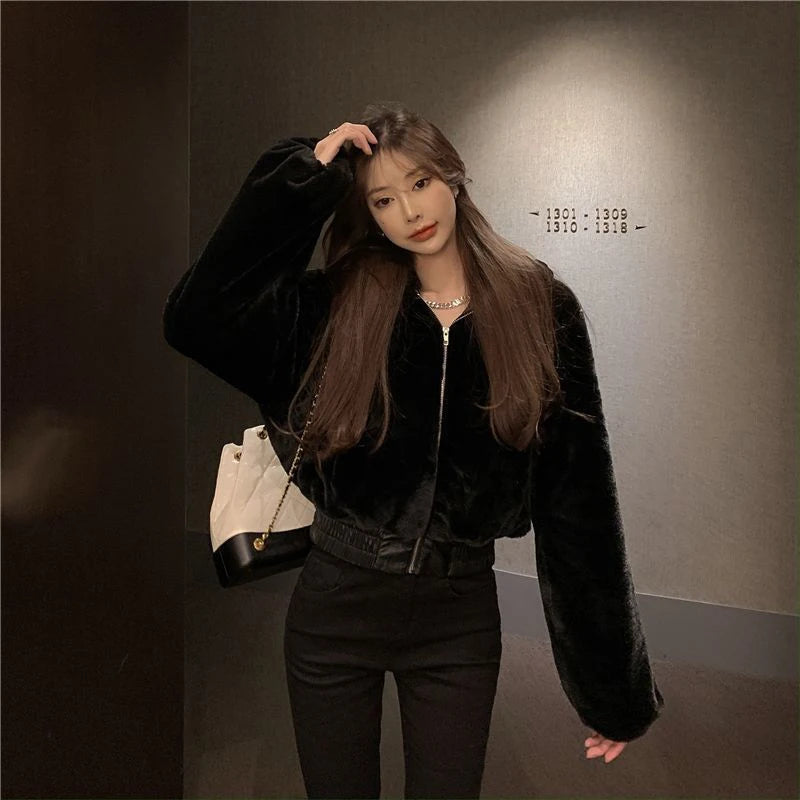 Y2K Fluffy Crop Coat: Hooded Faux Rabbit Fur Parka (Thick & Elegant)