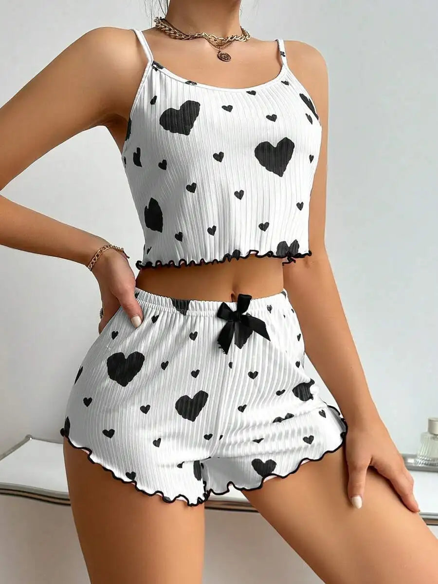 Sweet Dreams Heart Print Pajama Set: Soft, Sleeveless Crop Top & Shorts